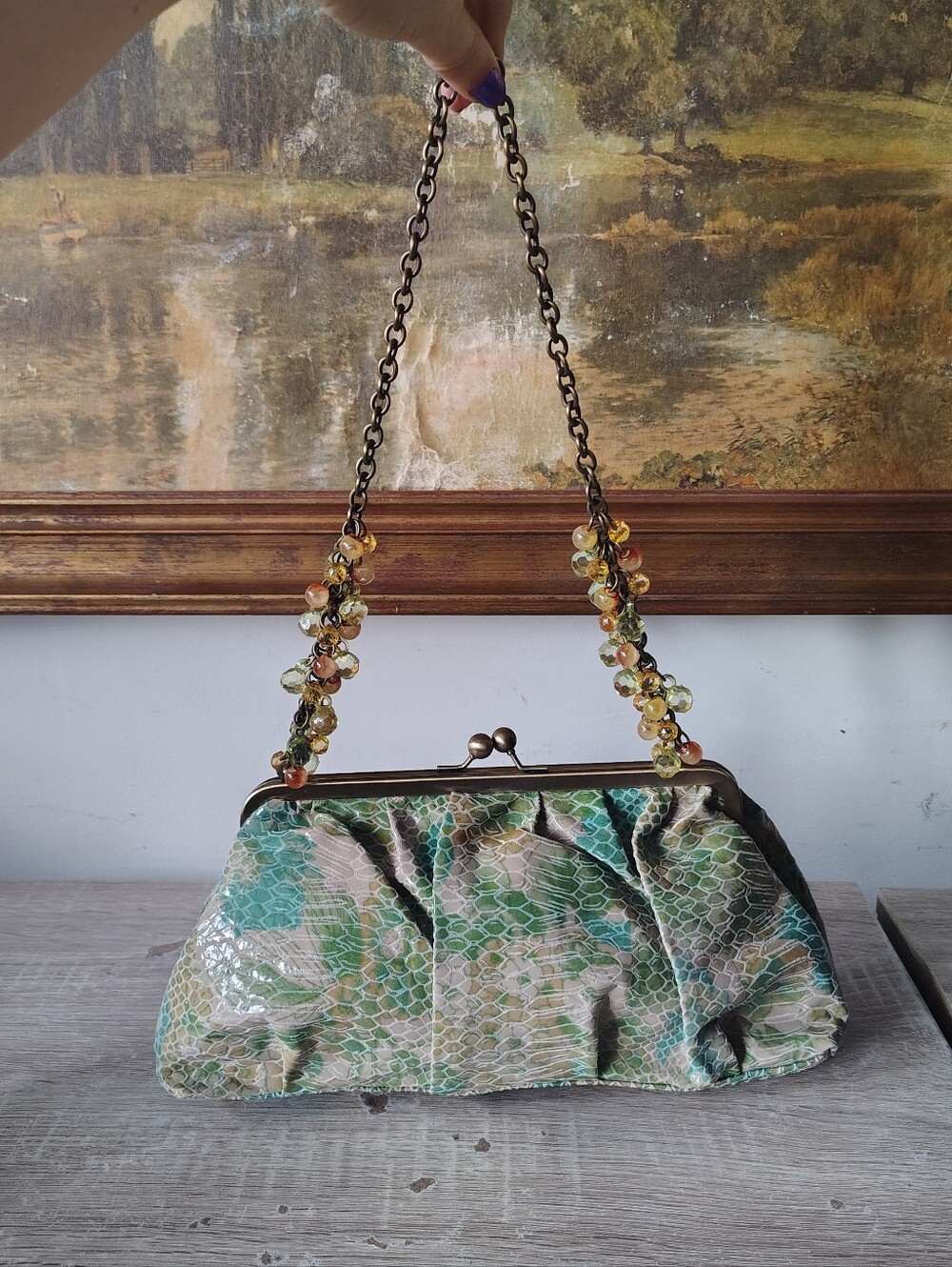 Vintage Beaded Evening Bag Beaded Mini Purse 90s Y2K Faux Snakeskin Animal Print
